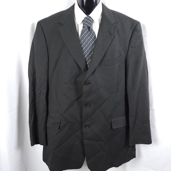 Hart Schaffner Marx Mens 46L Black Wool Pinstriped 3-Button Sports Coat Blazer - Picture 1 of 10